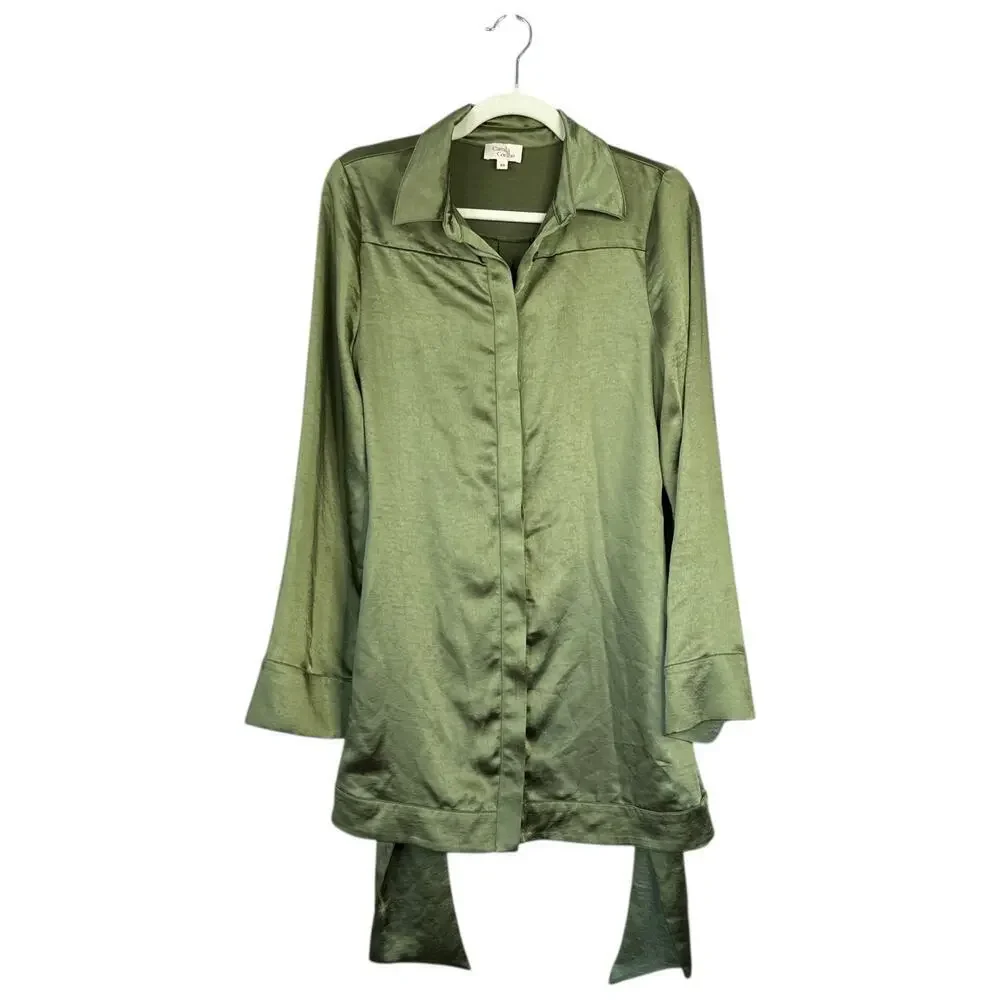 CAMILA COEHLO Priscilla Mini Dress Sage Green Satin Button Up Tie Waist Size XS